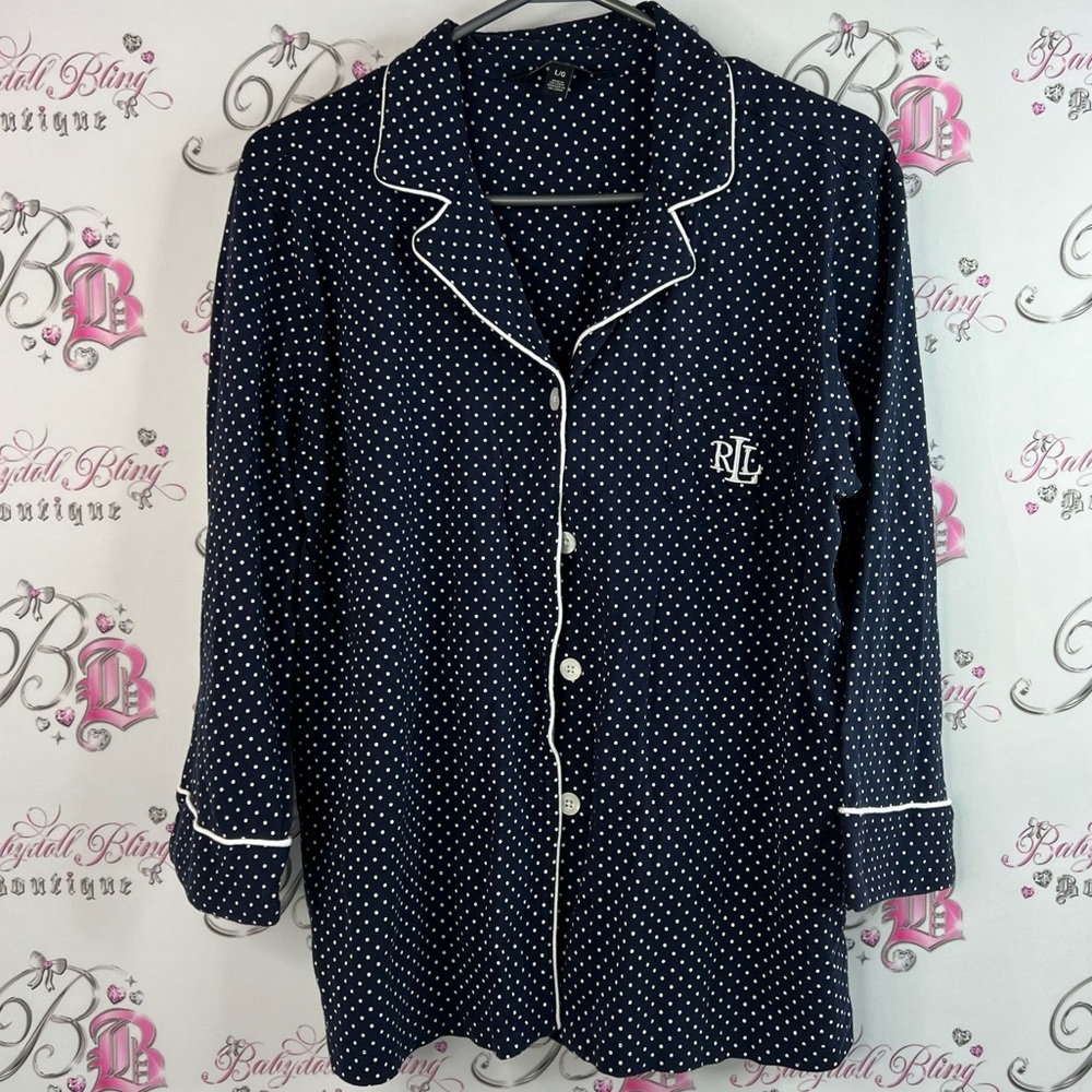Ralph Lauren button down pj top dotted pocket Navy Polka Dot Pajama Top